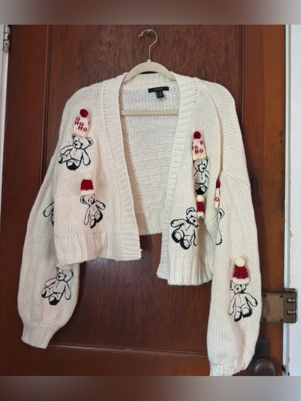Forever 21 Cream Cropped Cardigan with Red Pom-Teddy Embroidery